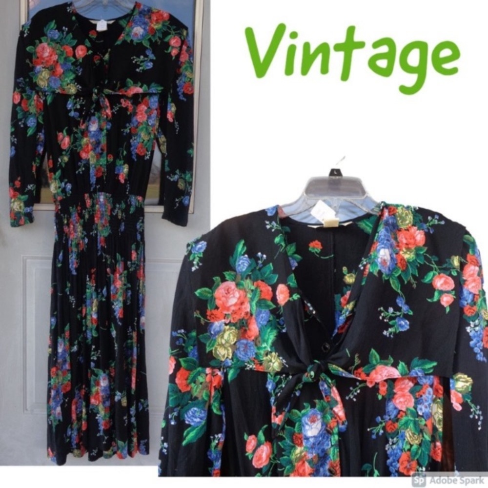 VINTAGE dress floral print maxi with shoulder pads boho cottage core